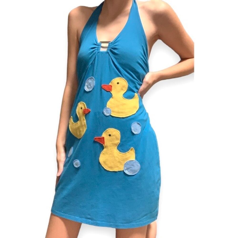 Custom Upcycled Blue Rubber Duck Patchwork Mini Dress Medium